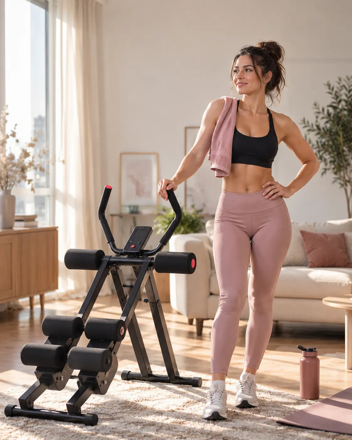 Femme souriante en tenue de sport, une serviette sur l’épaule, à côté de l’Ab Trainer noir dans son salon