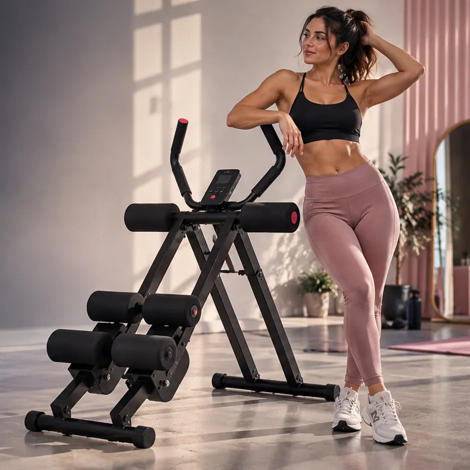 Ab Trainer noir en studio, à côté d’une femme en tenue de sport