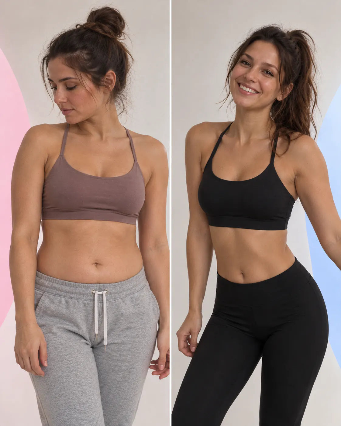 Illustration en deux portraits d’une femme en brassière de sport, avant et après plusieurs semaines de routine